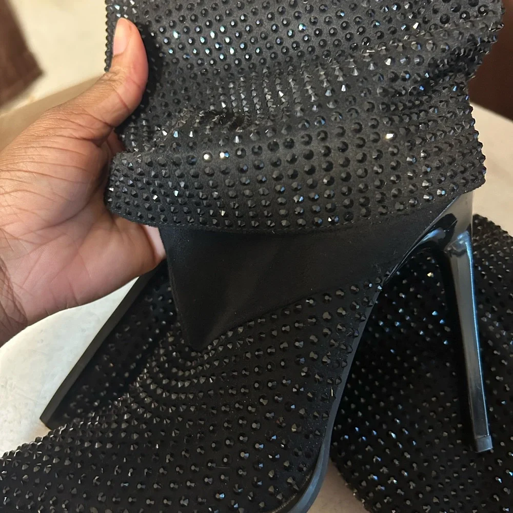 Black Crystal-Embellished Pointed Stiletto Boot